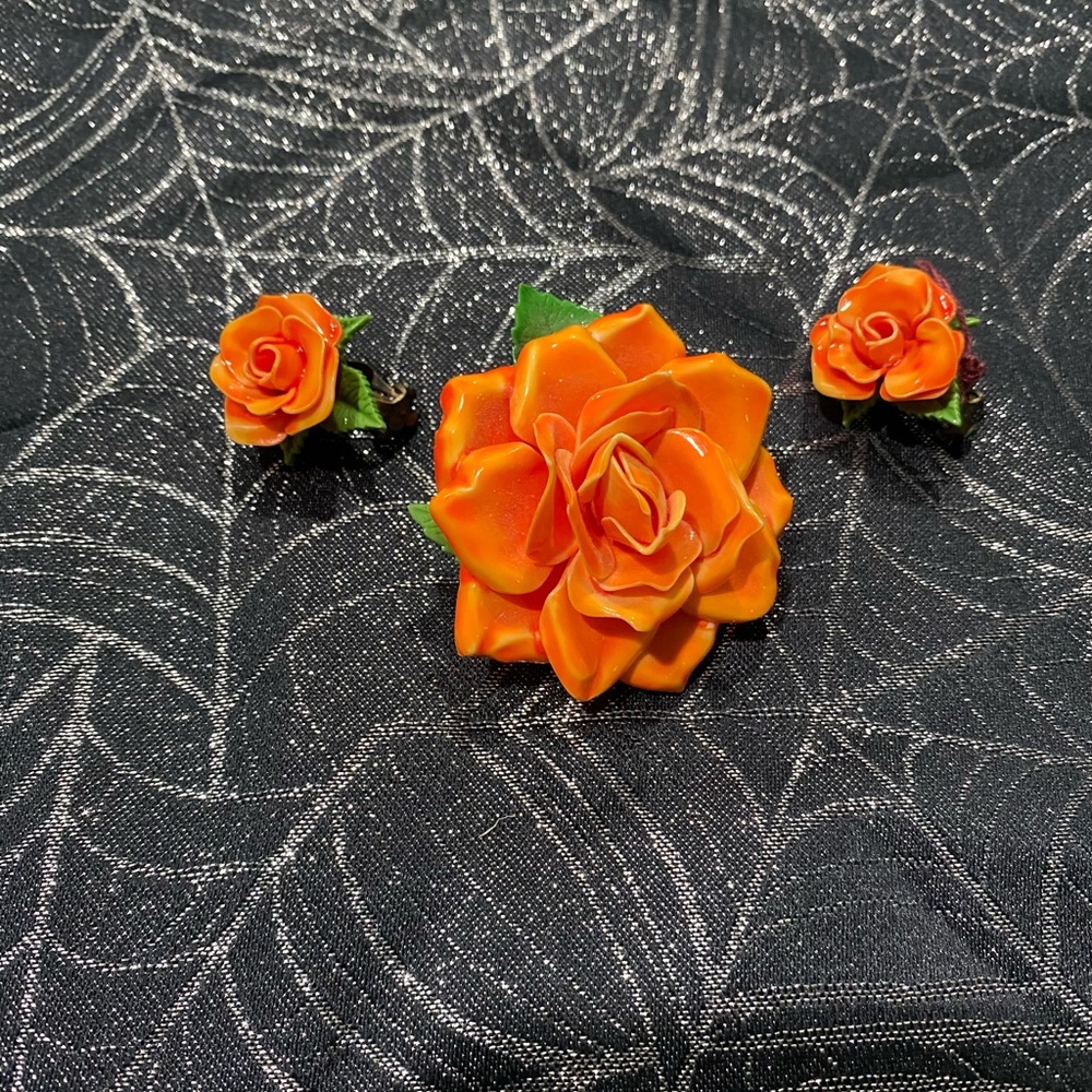 Vintage Orange rose brooch and earring set